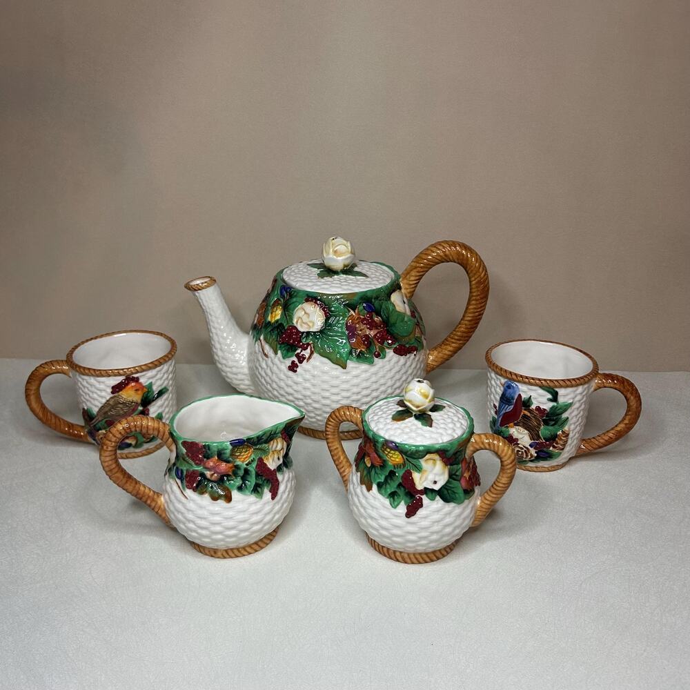 Vintage Winterthur Enesco Tea Set, Teapot Sugar Creamer & Bird Mugs, Embossed